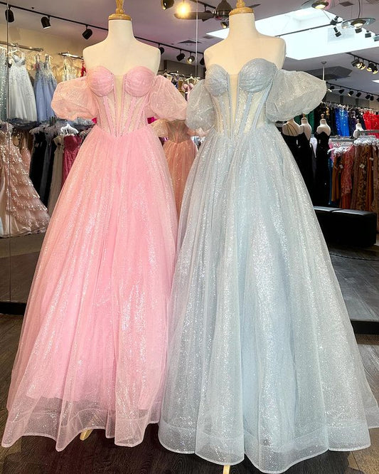 Off the Shoulder A-Line Sweetheart Beads Organza Prom Dresses