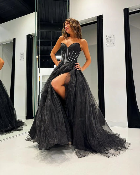 A Line Tulle Long Prom Dress Unique New Style Strapless Evening Dress