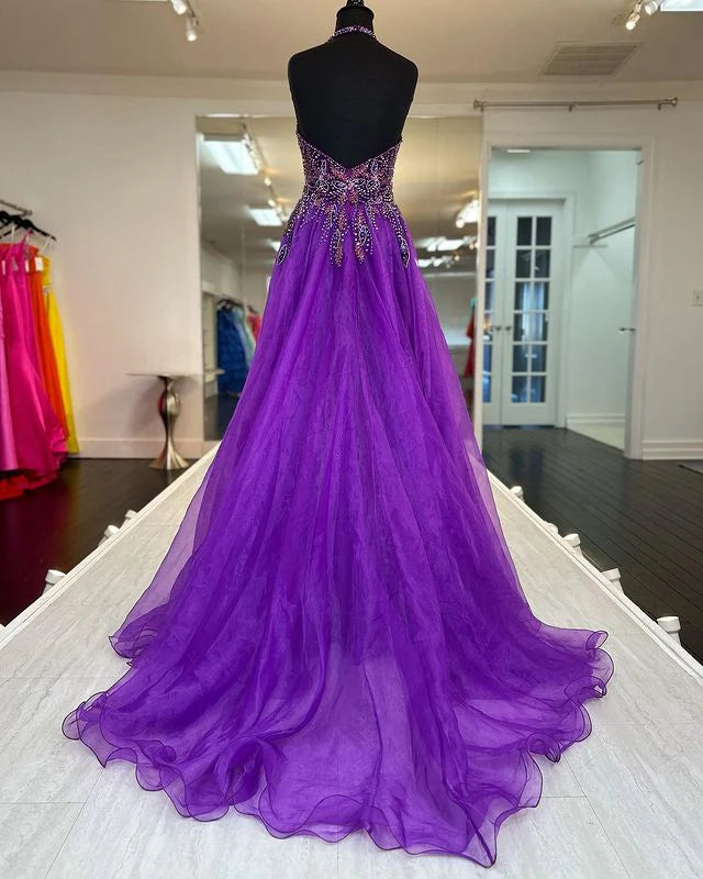 V-Neck Prom Dresses A-Line With Beads