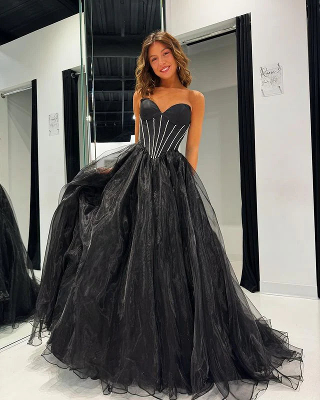 A Line Tulle Long Prom Dress Unique New Style Strapless Evening Dress