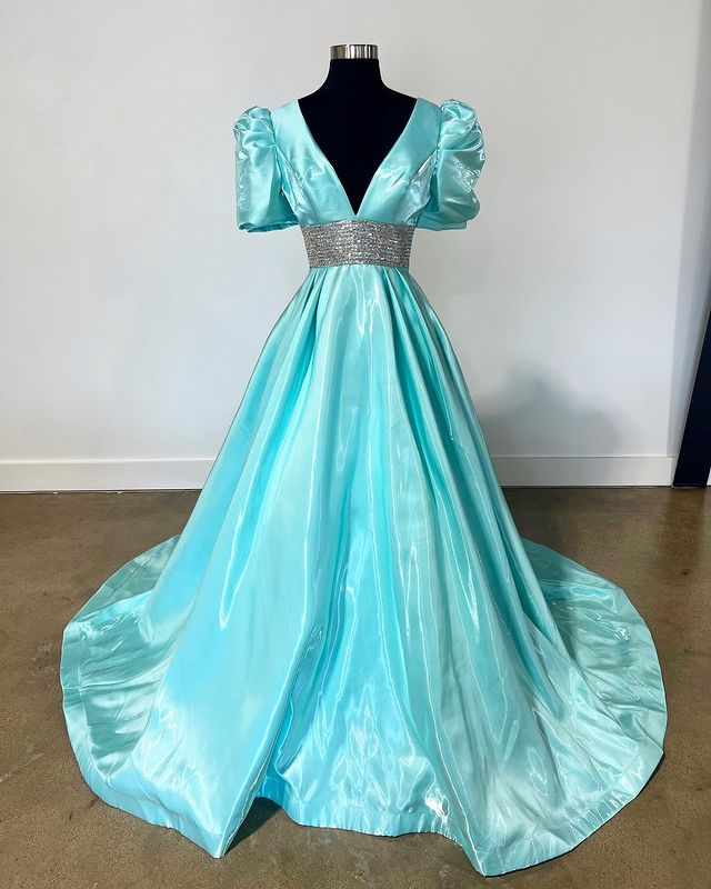 A-Line Beaded Plunge V Neck Long Prom Dress with Puff Sleeves