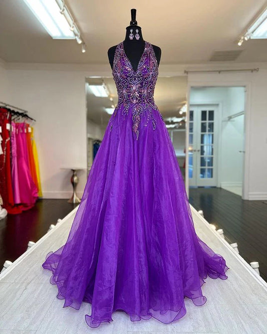 V-Neck Prom Dresses A-Line With Beads