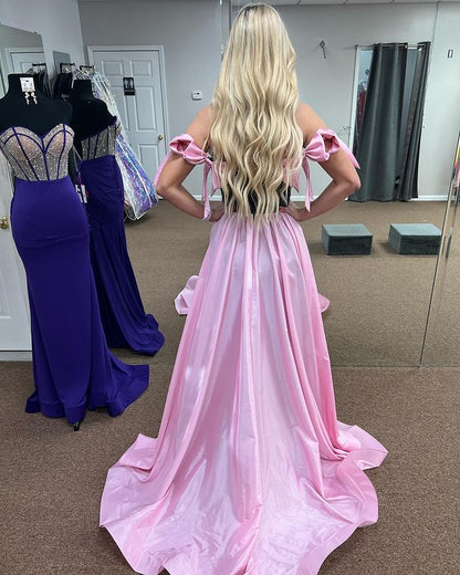 Sheath Off The Shoulder Bow Long Prom Dresses With Train