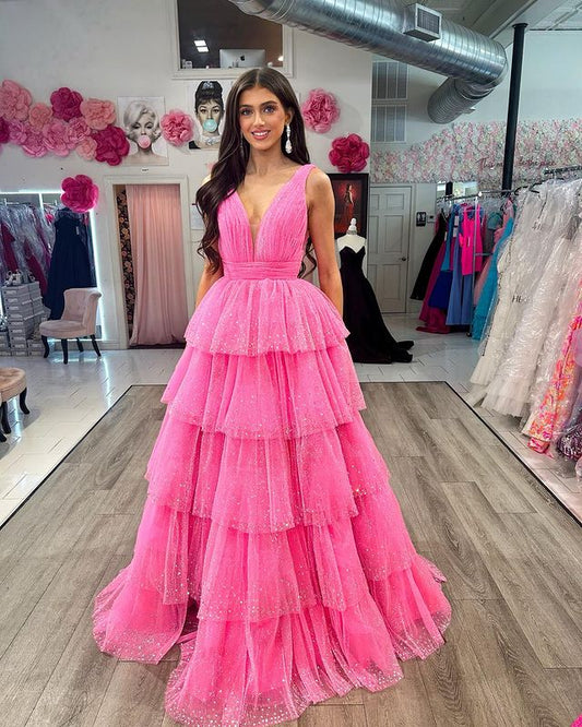 Ball Gown V Neck Tulle Tiered Prom Dresses With Slit