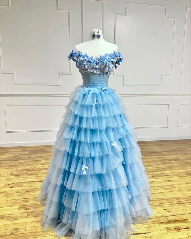 Off The Shoulder Tulle Applique Tiered Long Prom Dresses With Slit