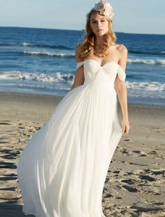 Beach Sexy Boho Wedding Dresses A-Line Off Shoulder Cap Sleeve Floor Length Chiffon Bridal Gowns With Pleats Solid Color