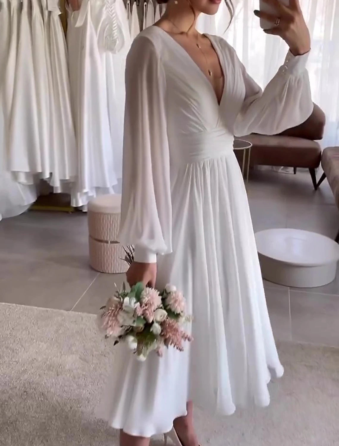 Little White Dresses Wedding Dresses A-Line V Neck Long Sleeve Tea Length Chiffon Bridal Gowns With Pleats Solid Color