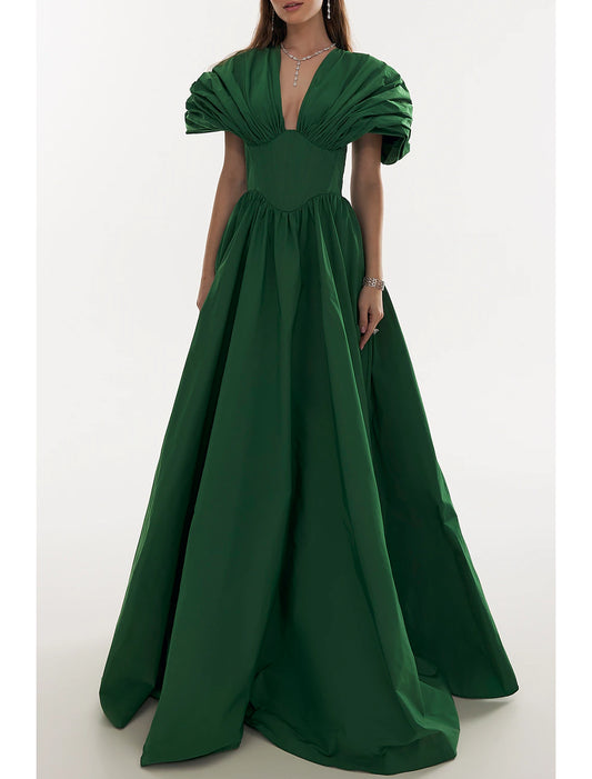 A-Line Evening Gown Elegant Red Green Dress Formal Black Dress Plus Size Fall Floor Length Short Sleeve V Neck Satin with Pleats