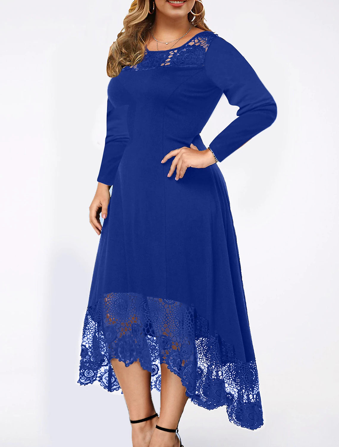 A-Line Cocktail Dresses Plus Size Dress Party Wear Wedding Guest Ankle Length Long Sleeve Jewel Neck Spandex with Lace Insert Pure Color