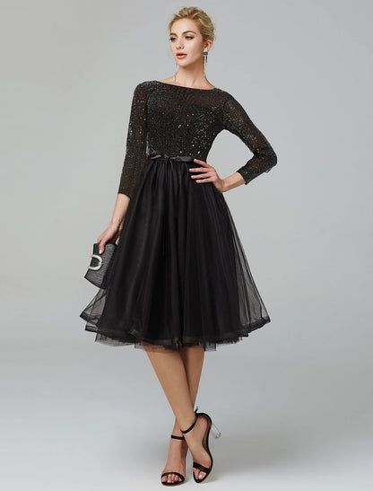 A-Line Cocktail Dresses Sparkle & Shine Dress Formal Tea Length 3/4 Length Sleeve Jewel Neck Fall Wedding Guest Tulle with Sequin Strappy