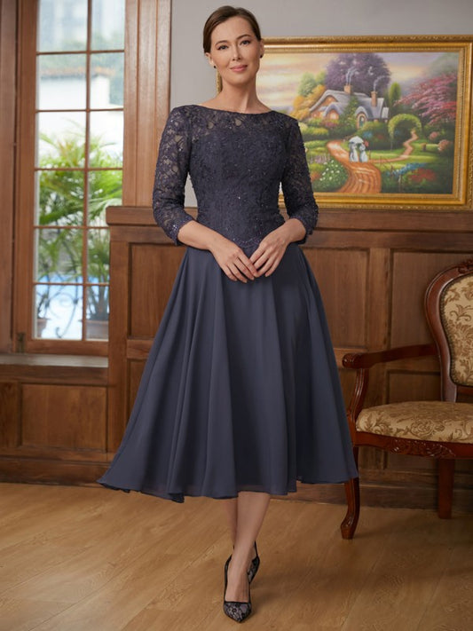 A-Line/Princess Chiffon Lace Scoop 3/4 Sleeves Tea-Length Mother of the Bride Dresses