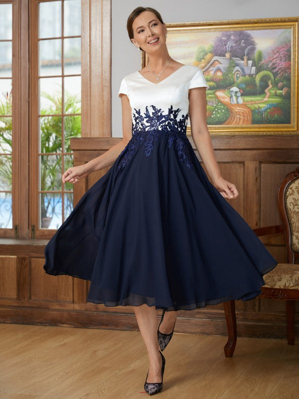 A-Line/Princess Chiffon Applique V-neck Short Sleeves Tea-Length Mother of the Bride Dresses