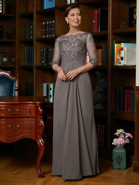 A-Line/Princess Chiffon Applique Scoop 3/4 Sleeves Floor-Length Mother of the Bride Dresses