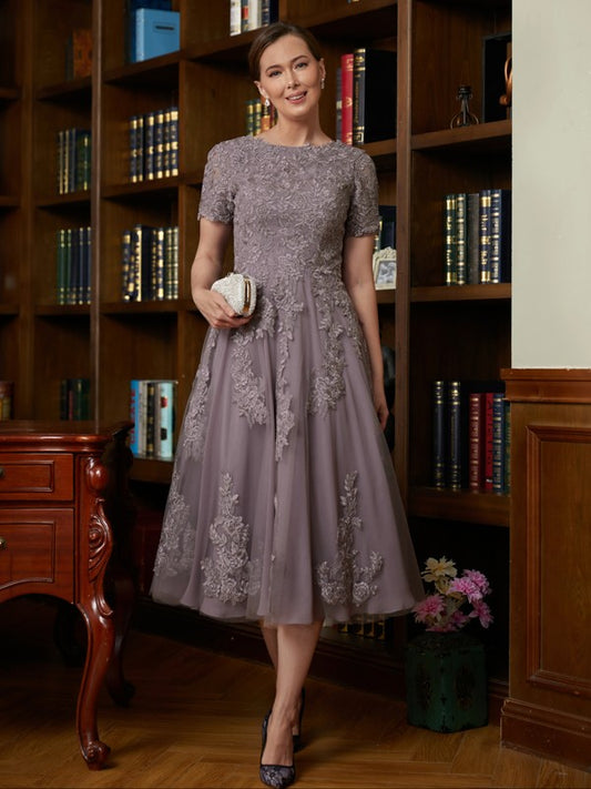A-Line/Princess Chiffon Lace Scoop Short Sleeves Tea-Length Mother of the Bride Dresses