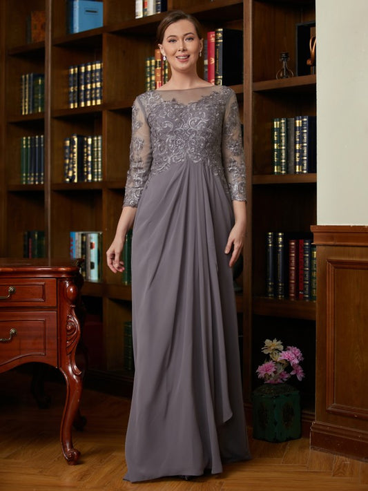 A-Line/Princess Chiffon Lace Scoop 3/4 Sleeves Floor-Length Mother of the Bride Dresses