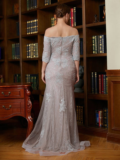 Sheath/Column Lace Applique Off-the-Shoulder 3/4 Sleeves Sweep/Brush Train Mother of the Bride Dresses