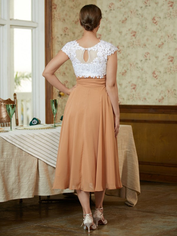 A-Line/Princess Chiffon Lace V-neck Sleeveless Tea-Length Mother of the Bride Dresses