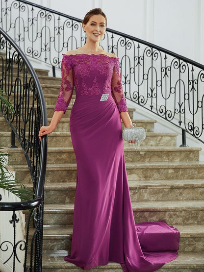 Sheath/Column Chiffon Applique Off-the-Shoulder 3/4 Sleeves Sweep/Brush Train Mother of the Bride Dresses