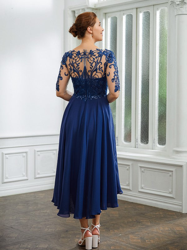 A-Line/Princess Chiffon Applique Bateau 1/2 Sleeves Tea-Length Mother of the Bride Dresses