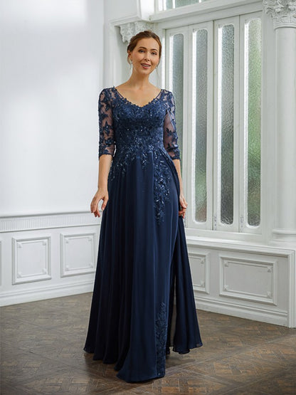 A-Line/Princess Chiffon Applique V-neck 3/4 Sleeves Floor-Length Mother of the Bride Dresses