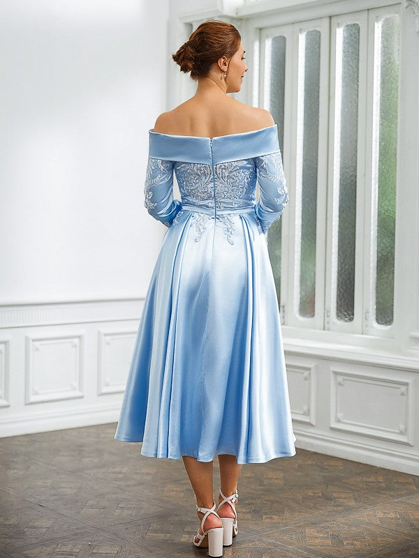 A-Line/Princess Elastic Woven Satin Ruched Off-the-Shoulder Long Sleeves Tea-Length Mother of the Bride Dresses