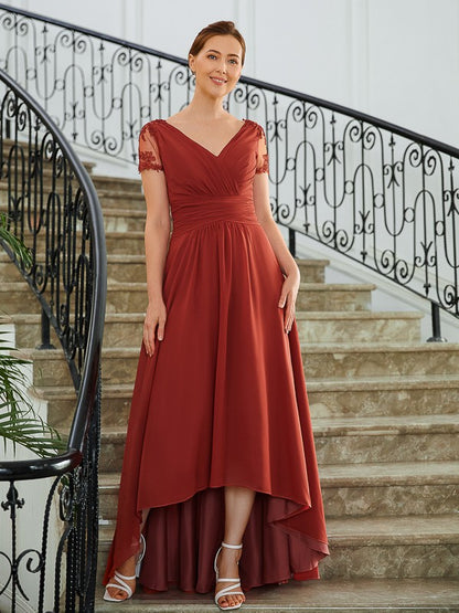 A-Line/Princess Chiffon Ruched V-neck Short Sleeves Asymmetrical Mother of the Bride Dresses