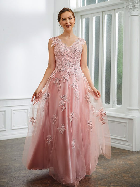 A-Line/Princess Tulle Applique V-neck Sleeveless Floor-Length Dresses