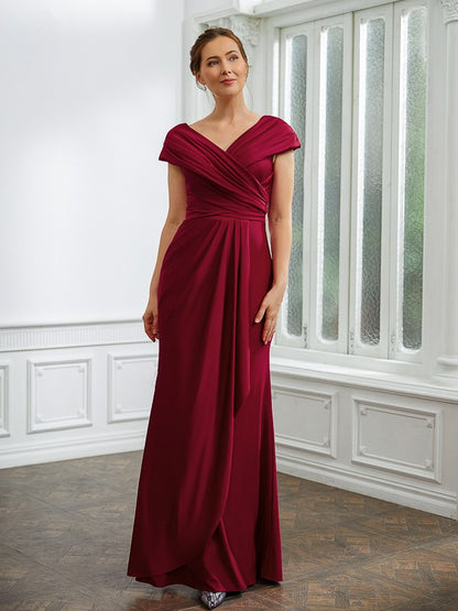 Sheath/Column Jersey Ruched V-neck Short Sleeves Floor-Length Mother of the Bride Dresses