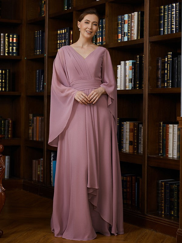 A-Line/Princess Chiffon Ruched V-neck 3/4 Sleeves Floor-Length Mother of the Bride Dresses