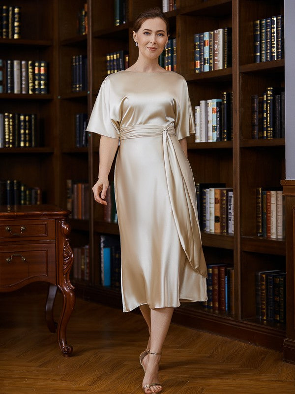 Sheath/Column Elastic Woven Satin Ruched Scoop Short Sleeves Tea-Length Mother of the Bride Dresses