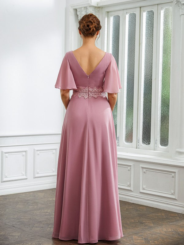 A-Line/Princess Chiffon Ruched V-neck 1/2 Sleeves Floor-Length Mother of the Bride Dresses