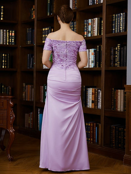 Sheath/Column Charmeuse Ruched Off-the-Shoulder Short Sleeves Floor-Length Mother of the Bride Dresses