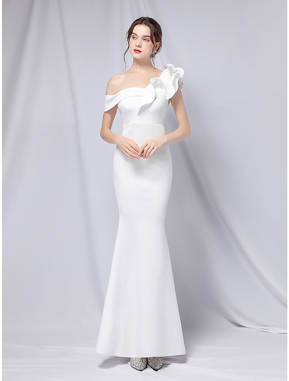 Mermaid Party Dress Evening Gown Empire Dress Wedding Guest Formal Evening Floor Length Short Sleeve One Shoulder Stretch Satin with Ruffles