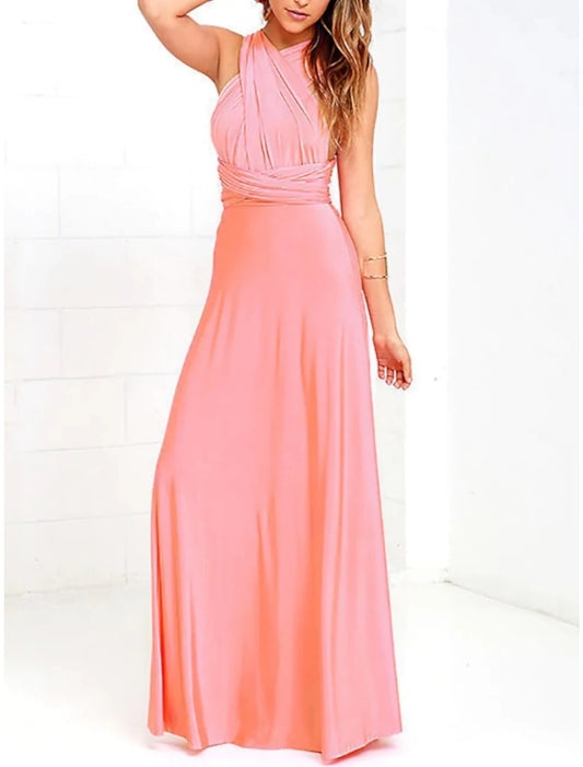 Sheath / Column Bridesmaid Dress Halter Sleeveless Convertible Floor Length Spandex with Pleats / Solid Color