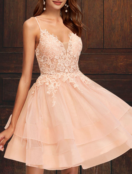 A-Line Cocktail Dresses Plus Size Dress Homecoming Graduation Short / Mini Sleeveless V Neck Pink Dress Tulle with Tiered