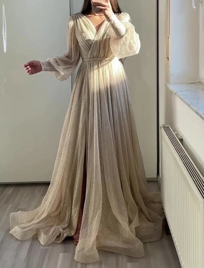 A-Line Prom Dresses Glittering Dress Formal Black Tie Floor Length Long Sleeve V Neck Fall Wedding Guest Tulle with Ruched