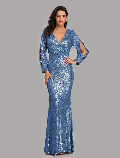 Mermaid / Trumpet Evening Gown Sparkle Dress Party Wear Floor Length Long Sleeve V Neck Sequined with Sequin