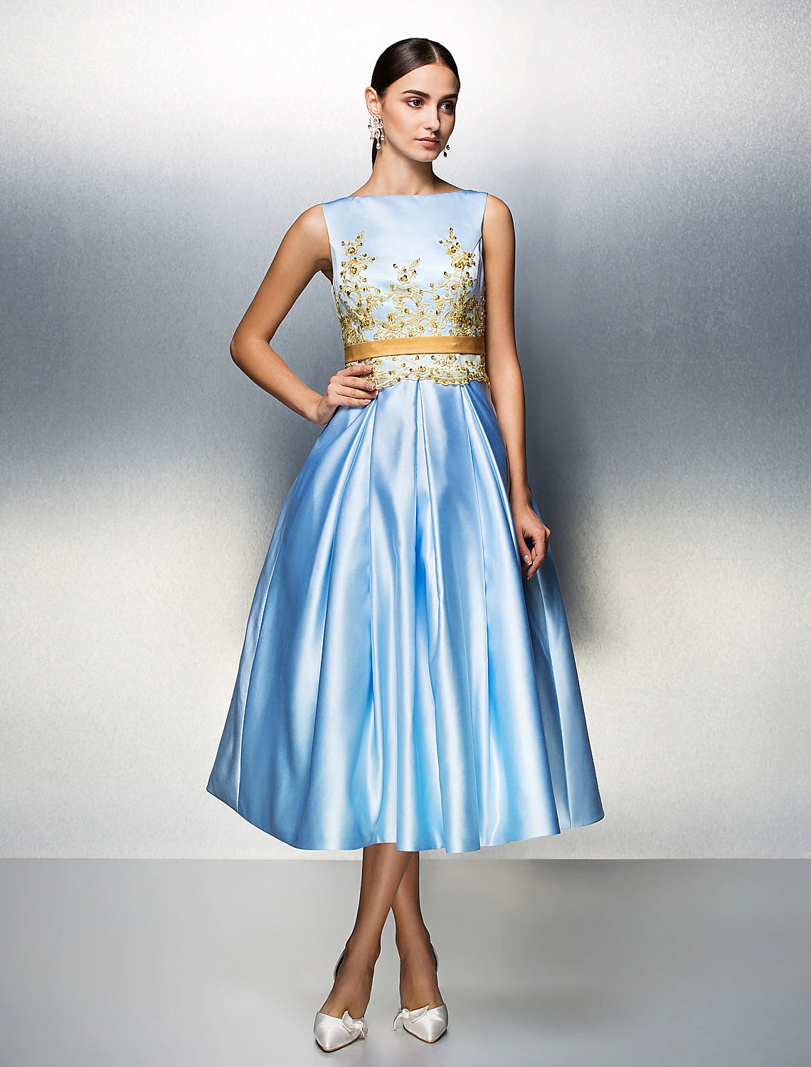 A-Line Cocktail Dresses Party Dress Wedding Guest Tea Length Sleeveless Jewel Neck Satin V Back with Pleats Appliques