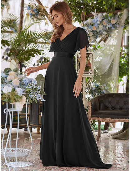 A-Line Evening Gown Empire Dress Wedding Guest Floor Length Short Sleeve V Neck Chiffon V Back with Ruffles Pure Color