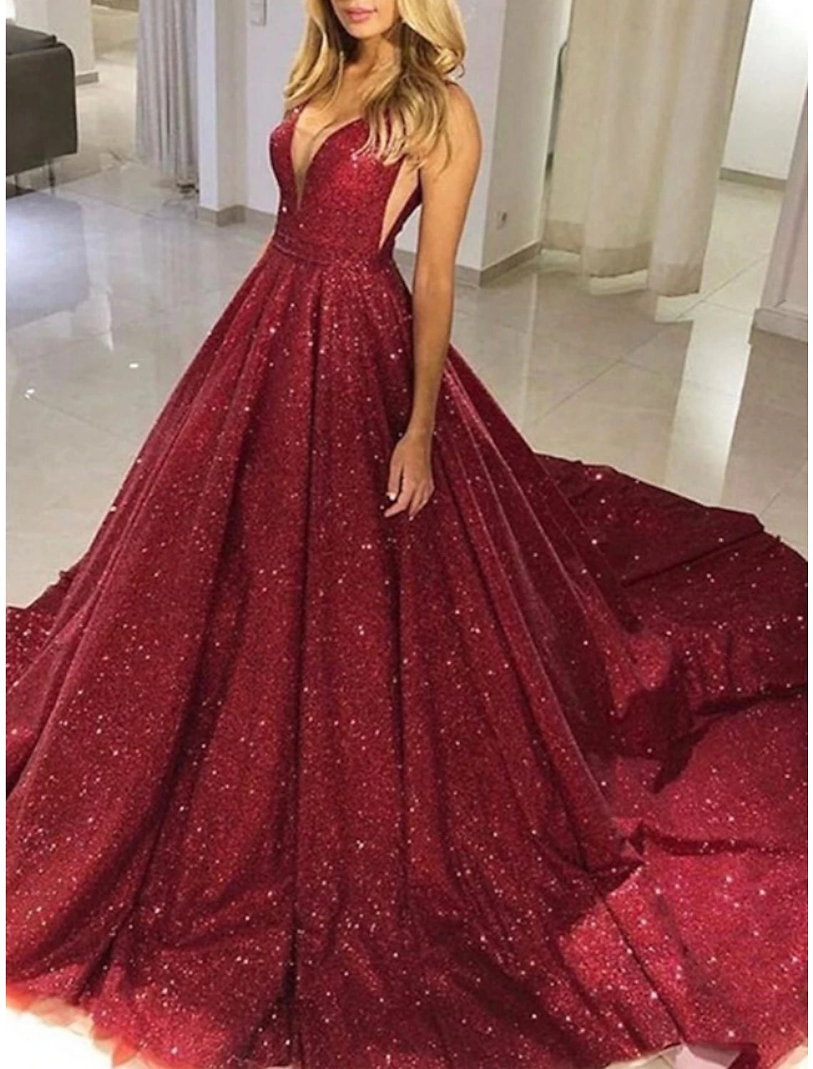 A-Line Prom Dresses Elegant Dress Formal Court Train Christmas Red Green Dress Sleeveless V Neck Sequined with Glitter Pleats