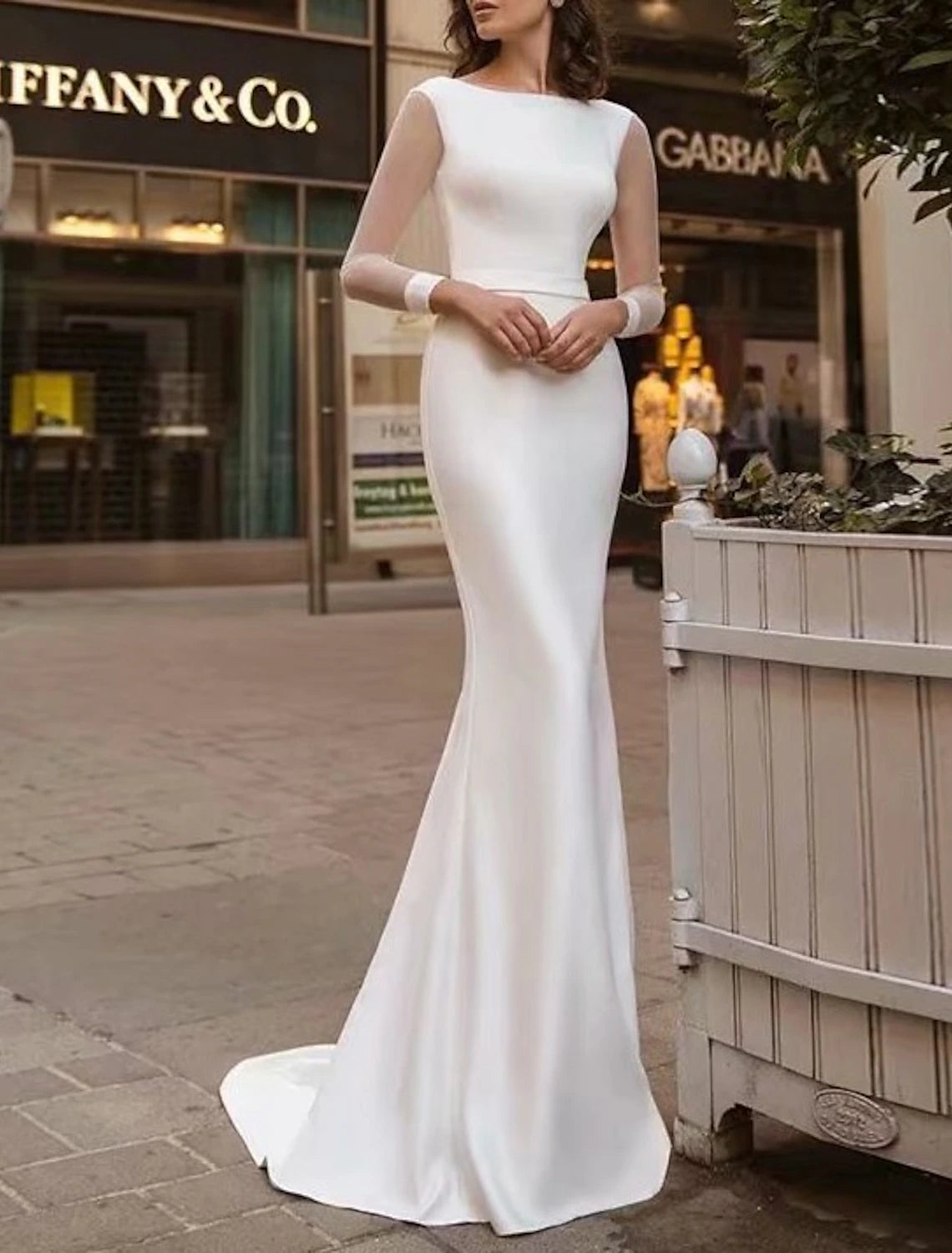 Reception Royal Style Casual Wedding Dresses Mermaid / Trumpet Scoop Neck Long Sleeve Sweep / Brush Train Satin Bridal Gowns With Solid Color Summer Fall Wedding Party