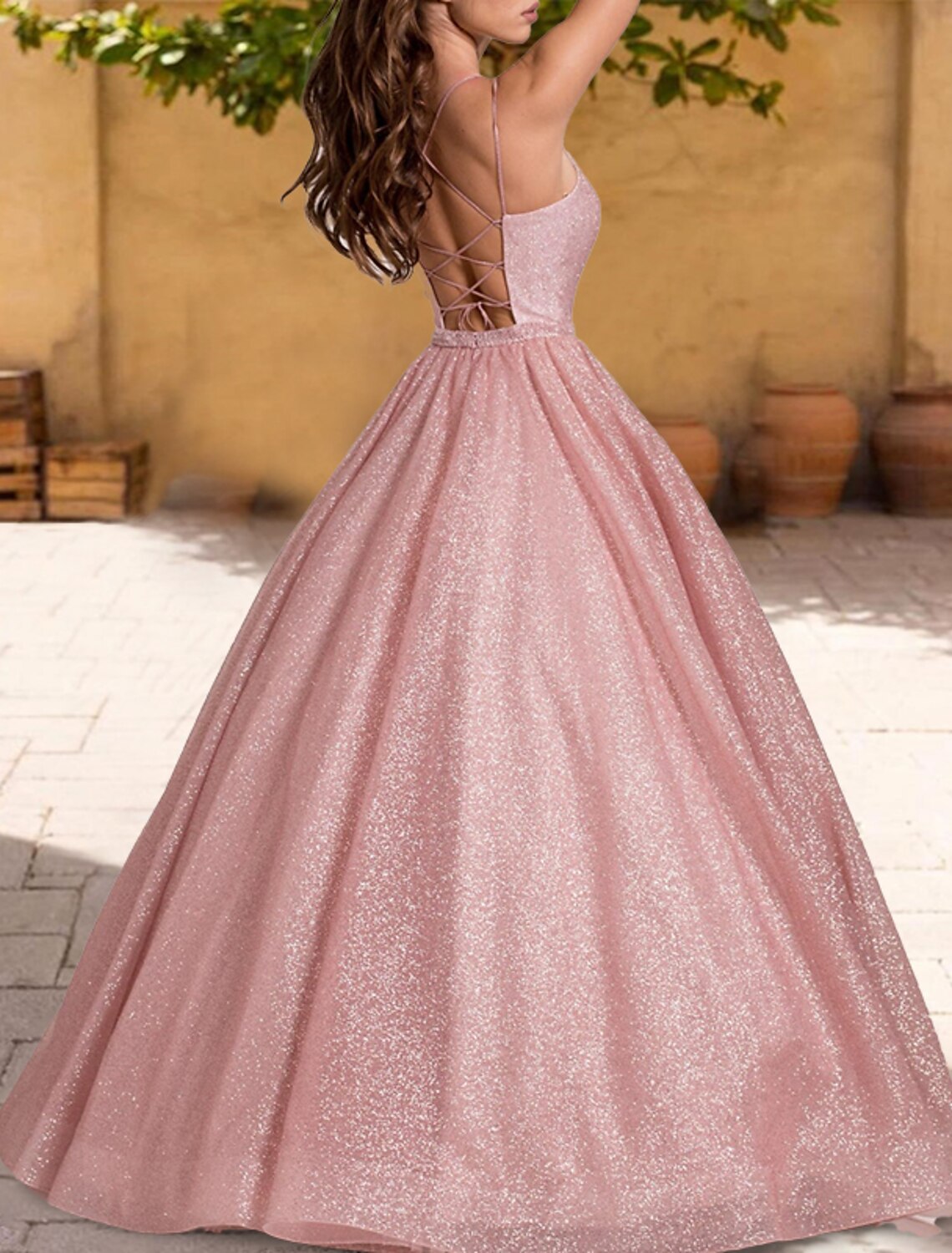 Ball Gown Quinceanera Dresses Sparkle & Shine Dress Sweet 16 Floor Length Sleeveless Spaghetti Strap Tulle with Glitter Criss Cross Pleats