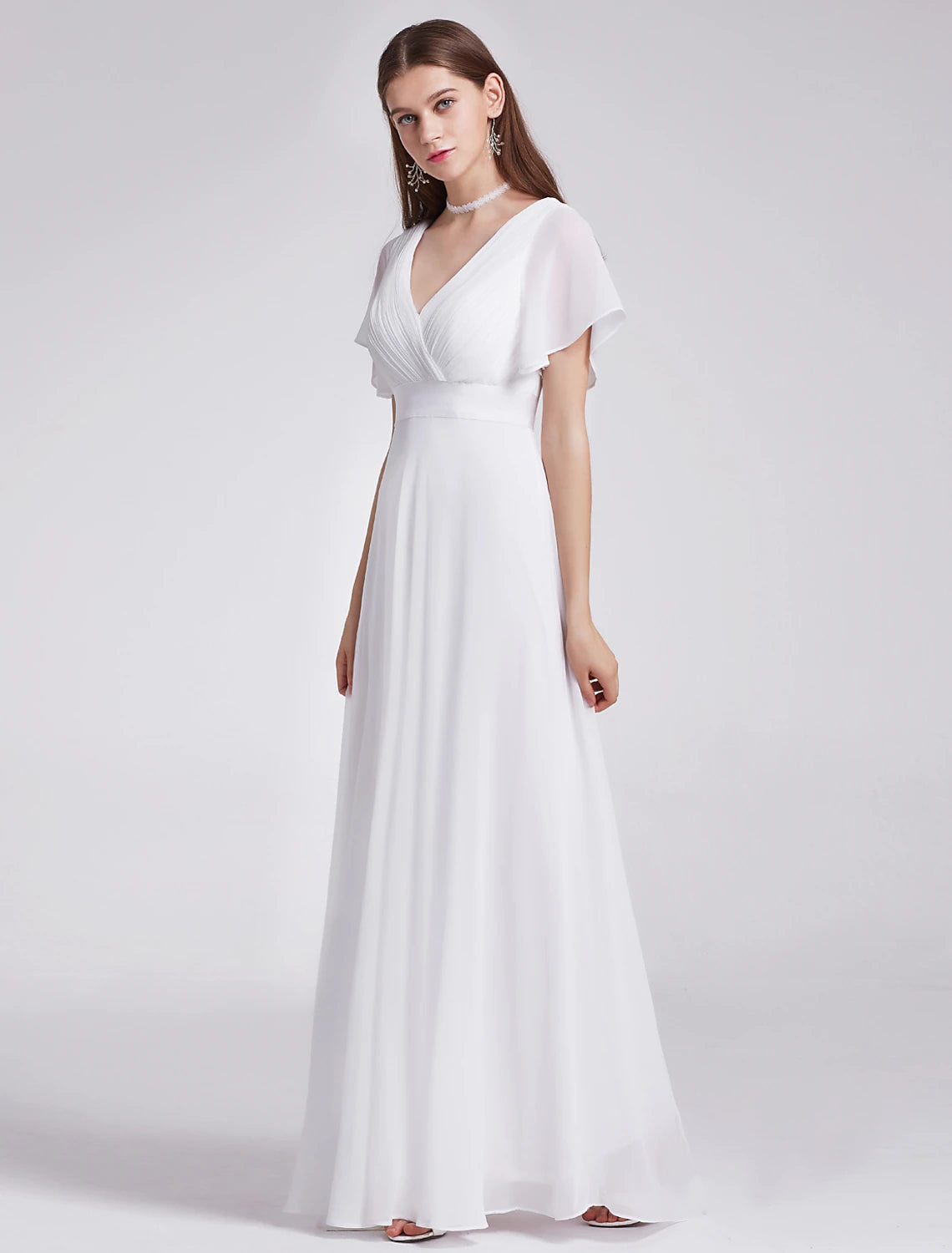 A-Line Empire Fall Wedding Guest Dress For Bridesmaid Plus Size Formal Evening Dress V Neck Short Sleeve Floor Length Chiffon with Pleats Ruched