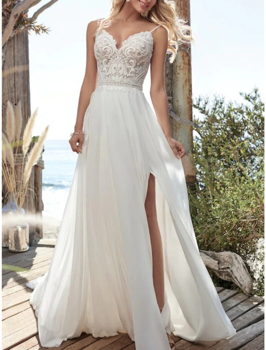 Hall Formal Wedding Dresses A-Line Camisole Spaghetti Strap Court Train Chiffon Bridal Gowns With Pleats Split Front