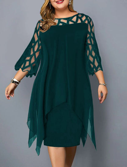 A-Line Elegant Cocktail Dress Semi-formal Red Green Dress Midi Jewel Neck 3/4 Length Sleeve Knee Length Lace with Sleek Splicing