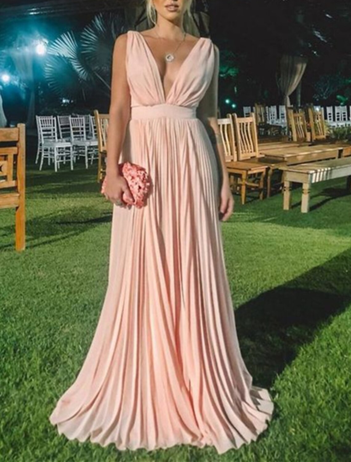 A-Line Wedding Guest Dresses Elegant Dress Formal Wedding Guest Sweep / Brush Train Sleeveless V Neck Bridesmaid Dress Chiffon with Pleats