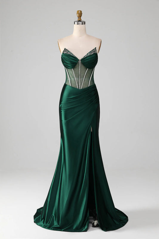 Amzcw Dark Green Mermaid Strapless Corset Pleated Long Prom Dress With Slit prom clothing