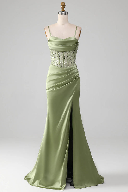 Amzcw Sage Green Mermaid Sparkly Sequin Pleated Corset Satin Prom Dress