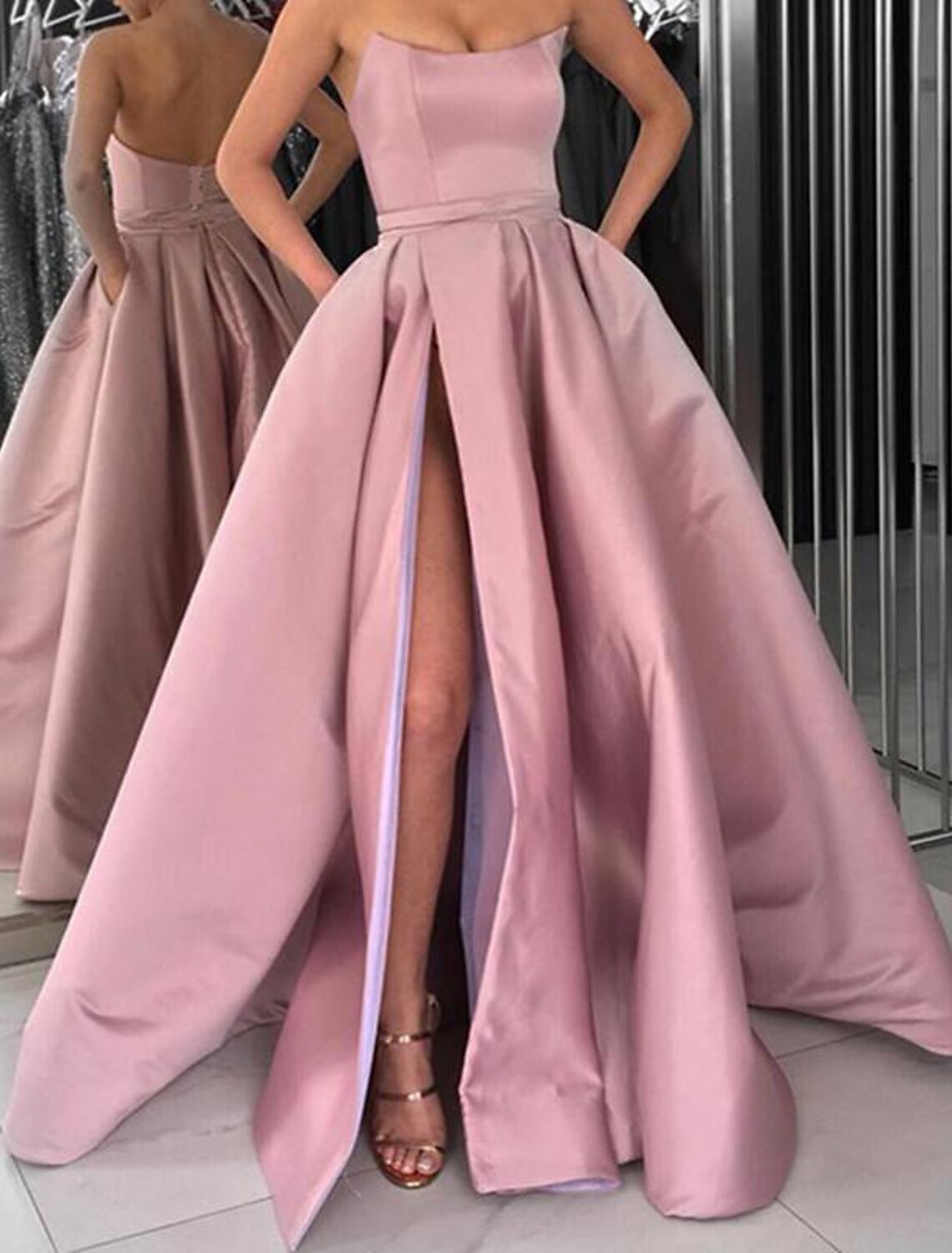 Ball Gown Party Dresses Minimalist Dress Prom Wedding Party Floor Length Sleeveless Jewel Neck Pocket Italy Satin Ladder Back with Sleek Slit Pure Color