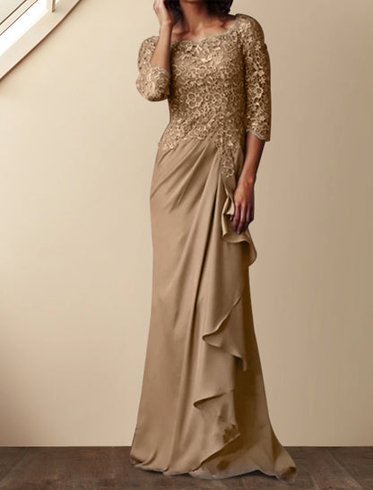 Sheath / Column Mother of the Bride Dress Elegant Bateau Neck Floor Length Chiffon Lace 3/4 Length Sleeve with Lace